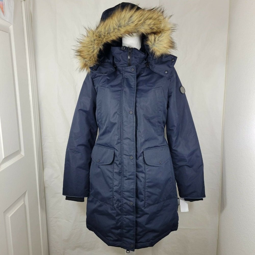 Noize Women Medium Nora Parka Coat Jacket Vegan Faux Fur Blue Zip -30C Weather